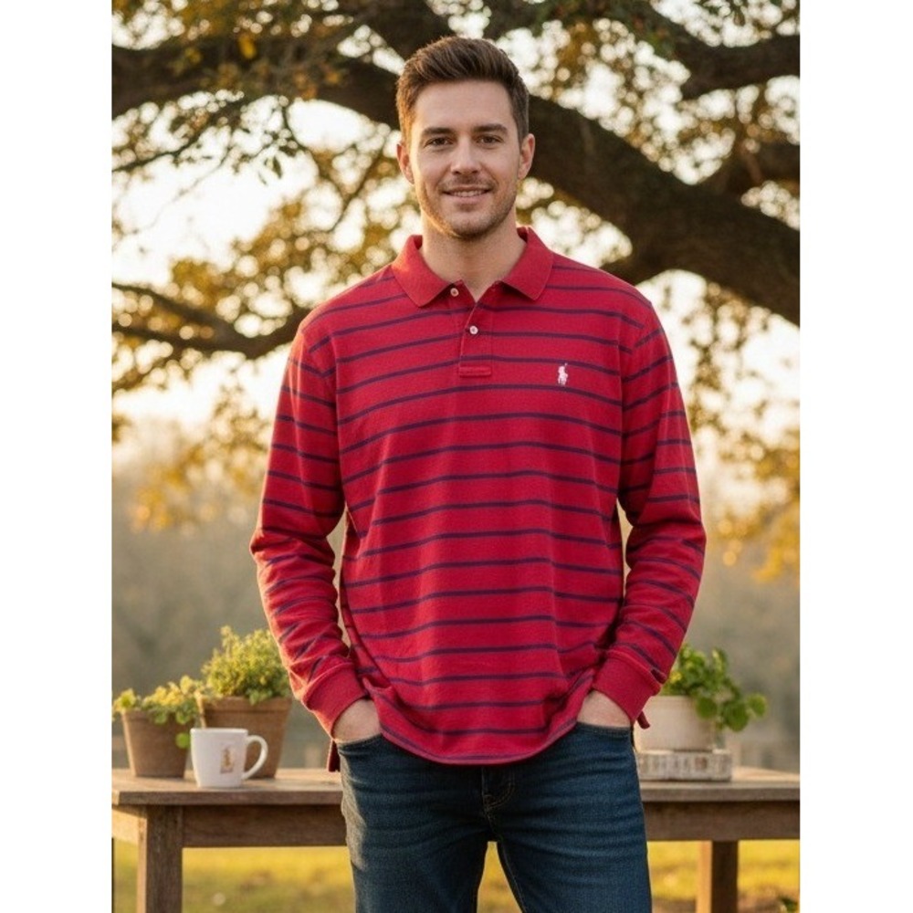 Lot of 2 Polo Ralph Lauren Men's XL Long Sleeve‎ Polo Shirt Purple Red Striped